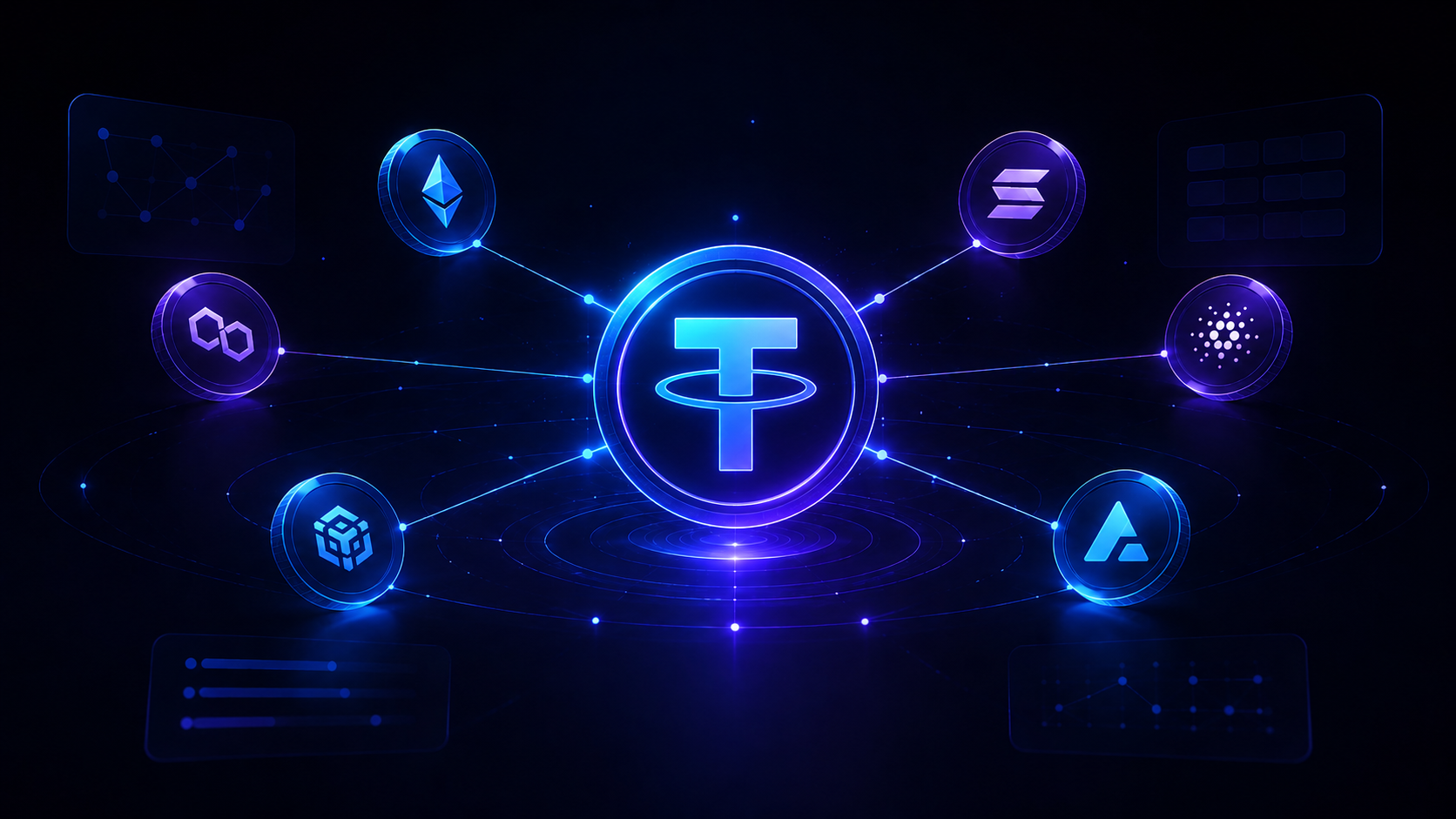 Abstract dark editorial visualization of TRON network transfers, TRC-20 token flows, and multi-chain wallet panels representing everyday crypto activity.