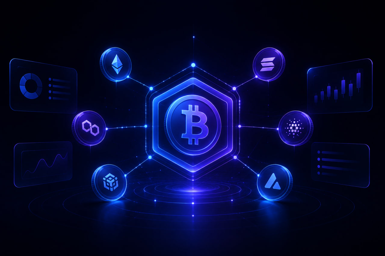 Abstract dark editorial visualization of a central Bitcoin hub connected to multi-chain wallet panels, representing BTC within a broader digital asset portfolio.