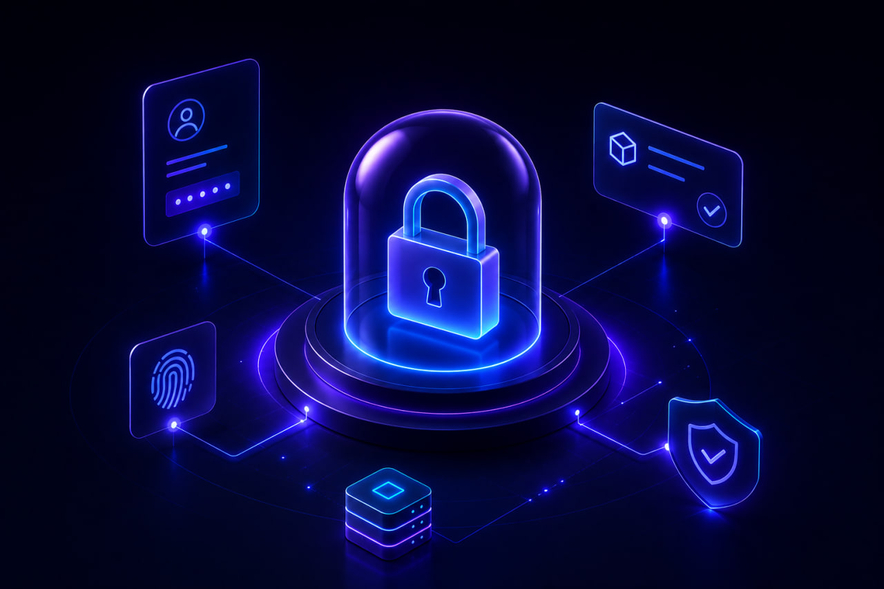 Abstract dark editorial layout of layered panels and a central approval-style gate with guided connection paths, representing clarity and controlled security in use.