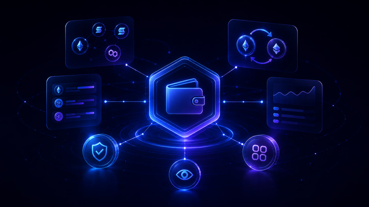 Abstract dark editorial composition of modular panels and luminous connection paths, representing clarity and structure in multi-chain wallet experiences.