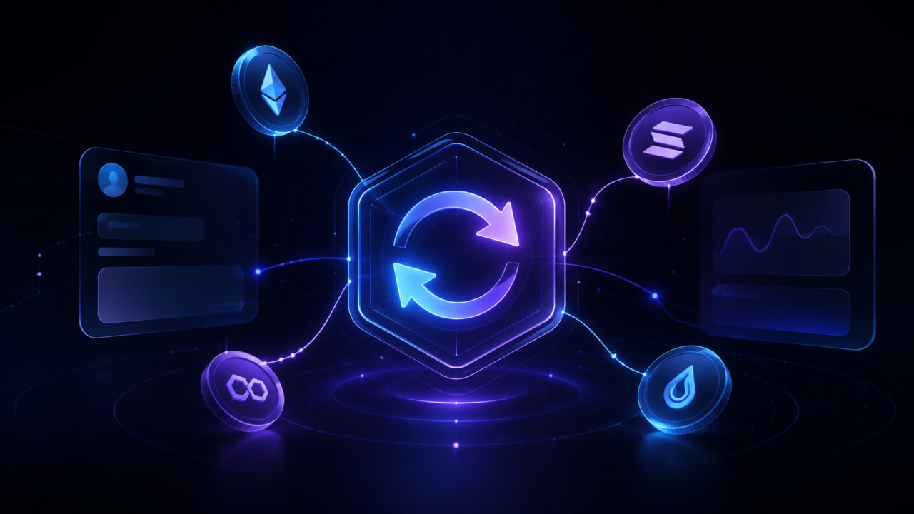 Abstract premium dark visualization of two assets exchanging through a central flow, representing wallet-level swap workflows.