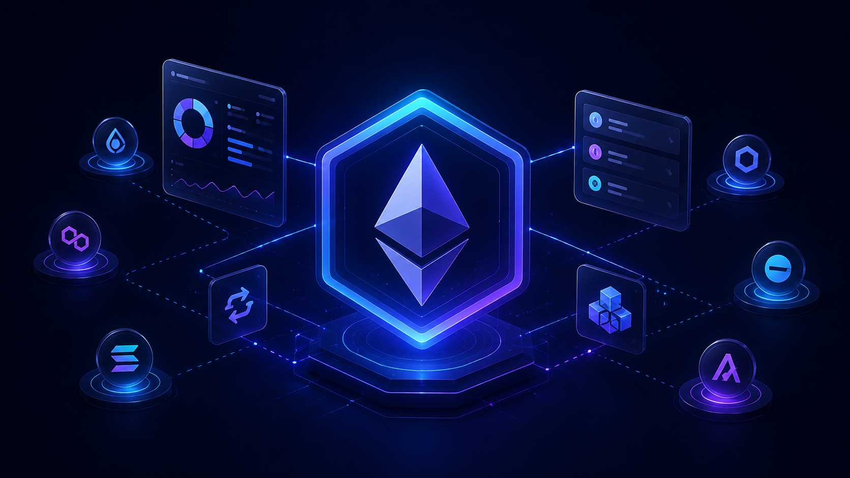 Abstract dark editorial visualization of Ethereum smart contract layers, token flows, and multi-chain wallet panels representing modern Web3 wallet activity.