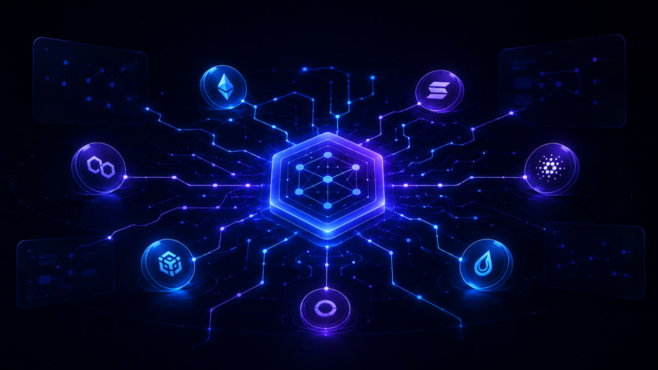 Abstract multi-chain network visualization with a glowing center representing unified wallet experience.
