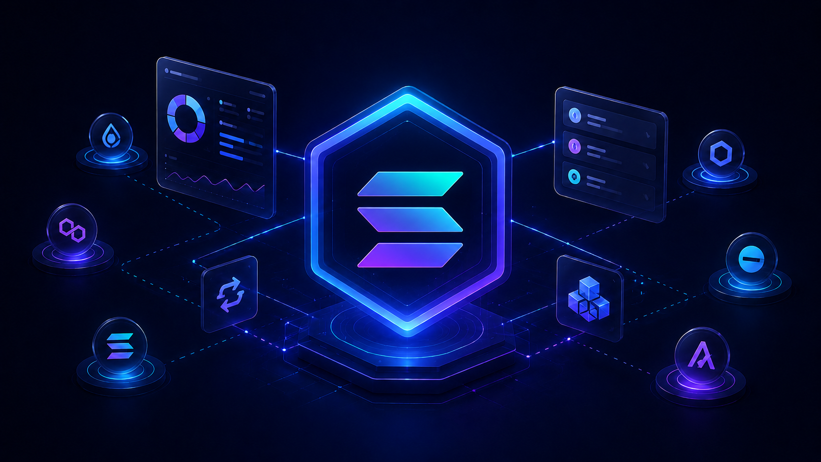 Abstract dark editorial visualization of fast Solana transaction flows connected to multi-chain wallet panels, representing speed-aware digital asset management.