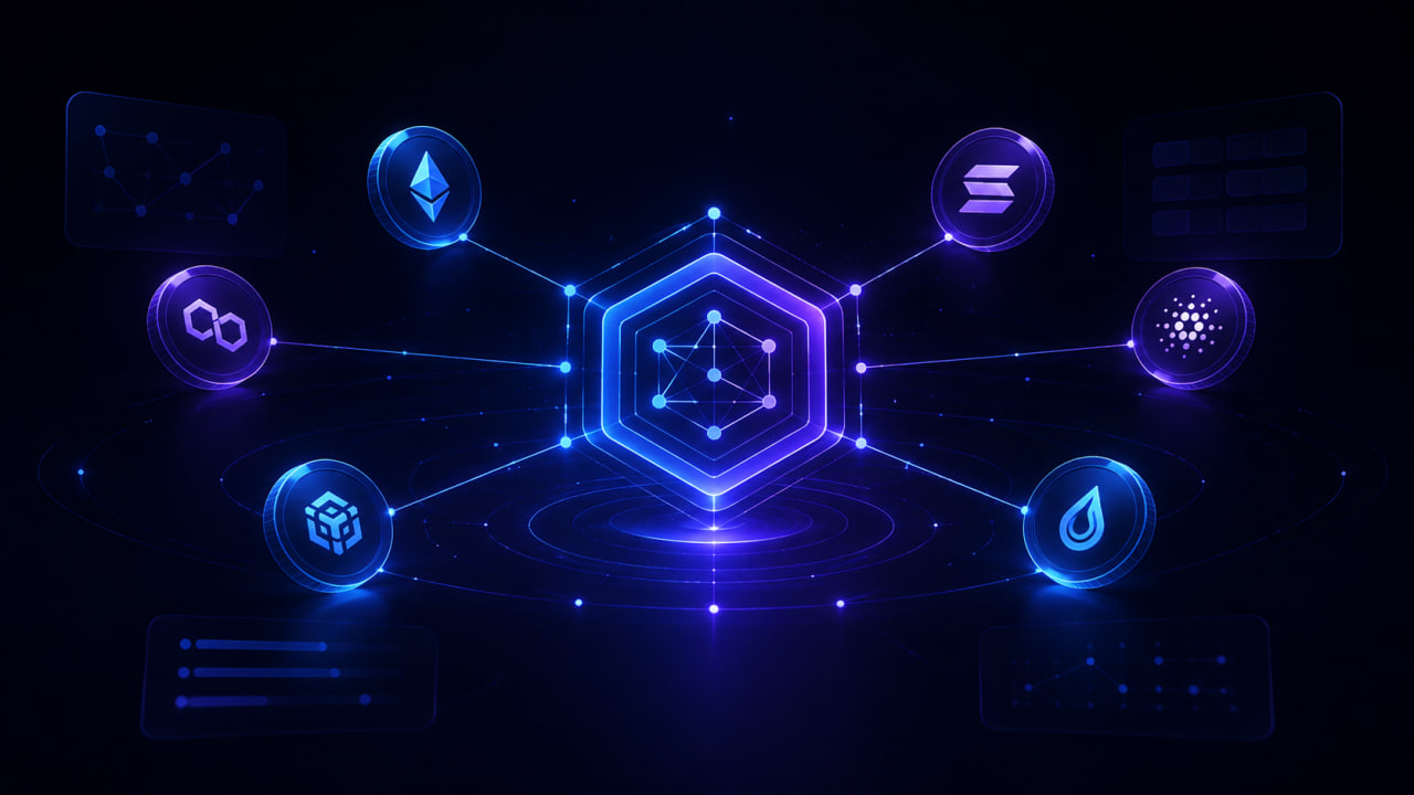 Premium dark abstract network rings showing ecosystem access and wallet flexibility.